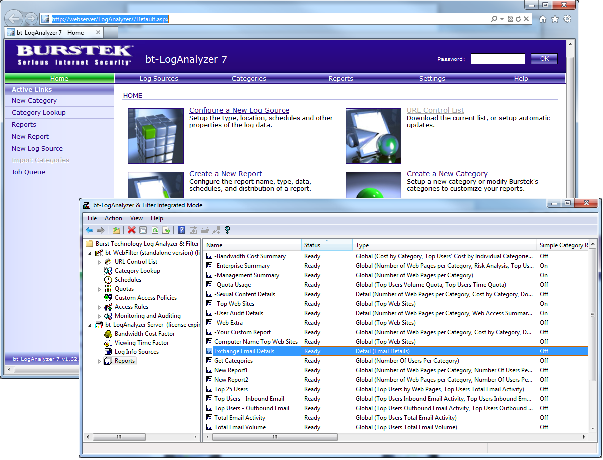 Burstek LogAnalyzer and WebFilter Interfaces